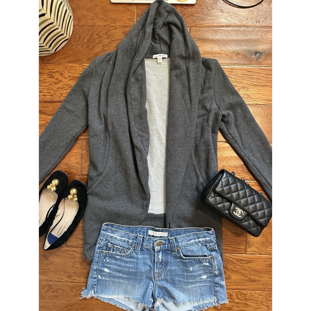 James Perse Charcoal Gray Drape Front Hooded Cardigan Sweater 100% Cotton Sz 2